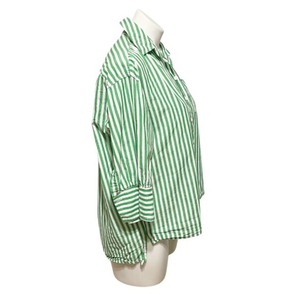 Pomander Place XS Half Sleeve Button Down High Low Green White Striped T… - Picture 3 of 7
